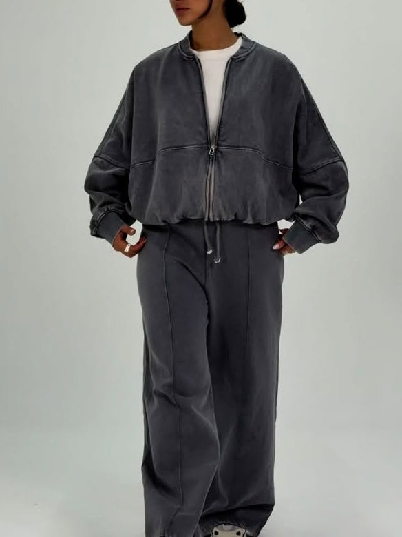 Gray Casual Zipper Jacket And Wide-leg Pants Two-piece Suit