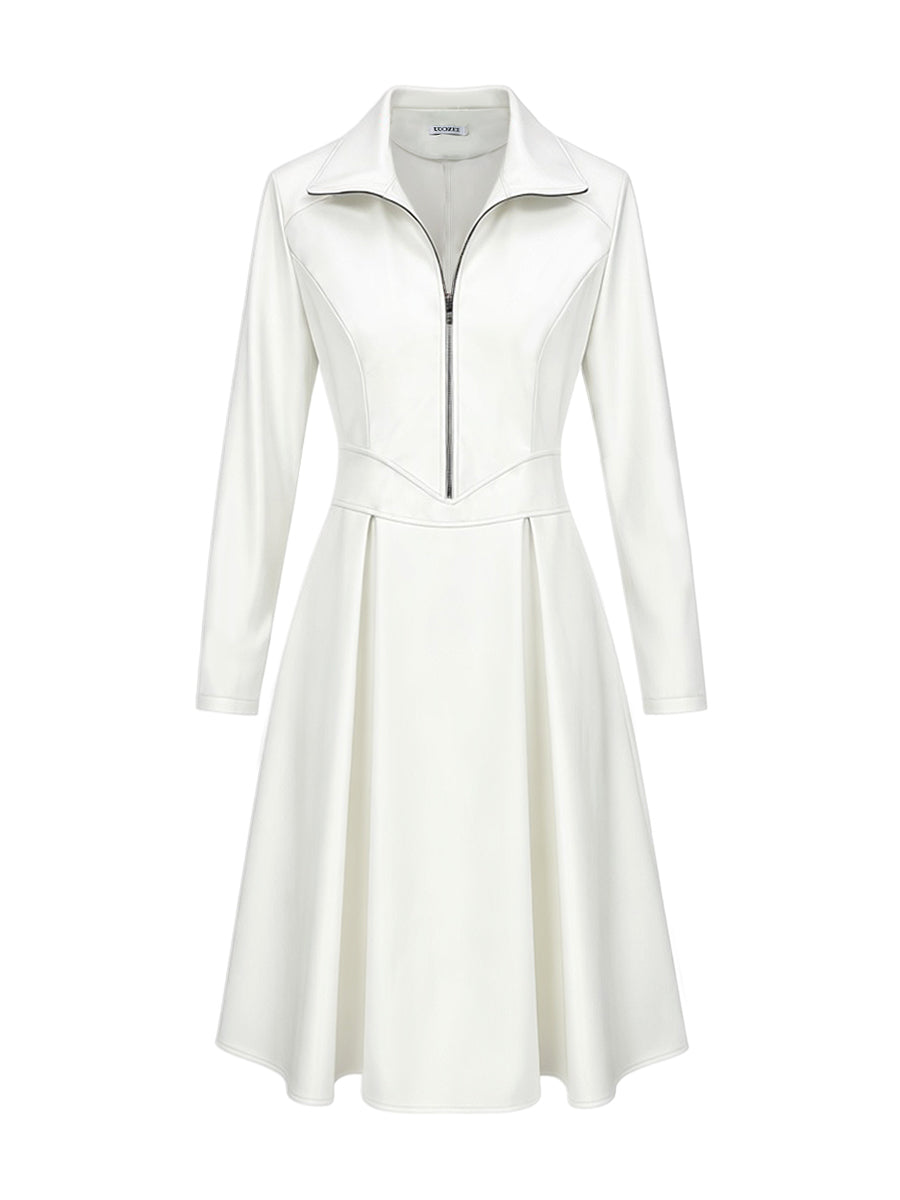 Long Sleeves Skinny Soft Zipper Lapel Midi Dresses