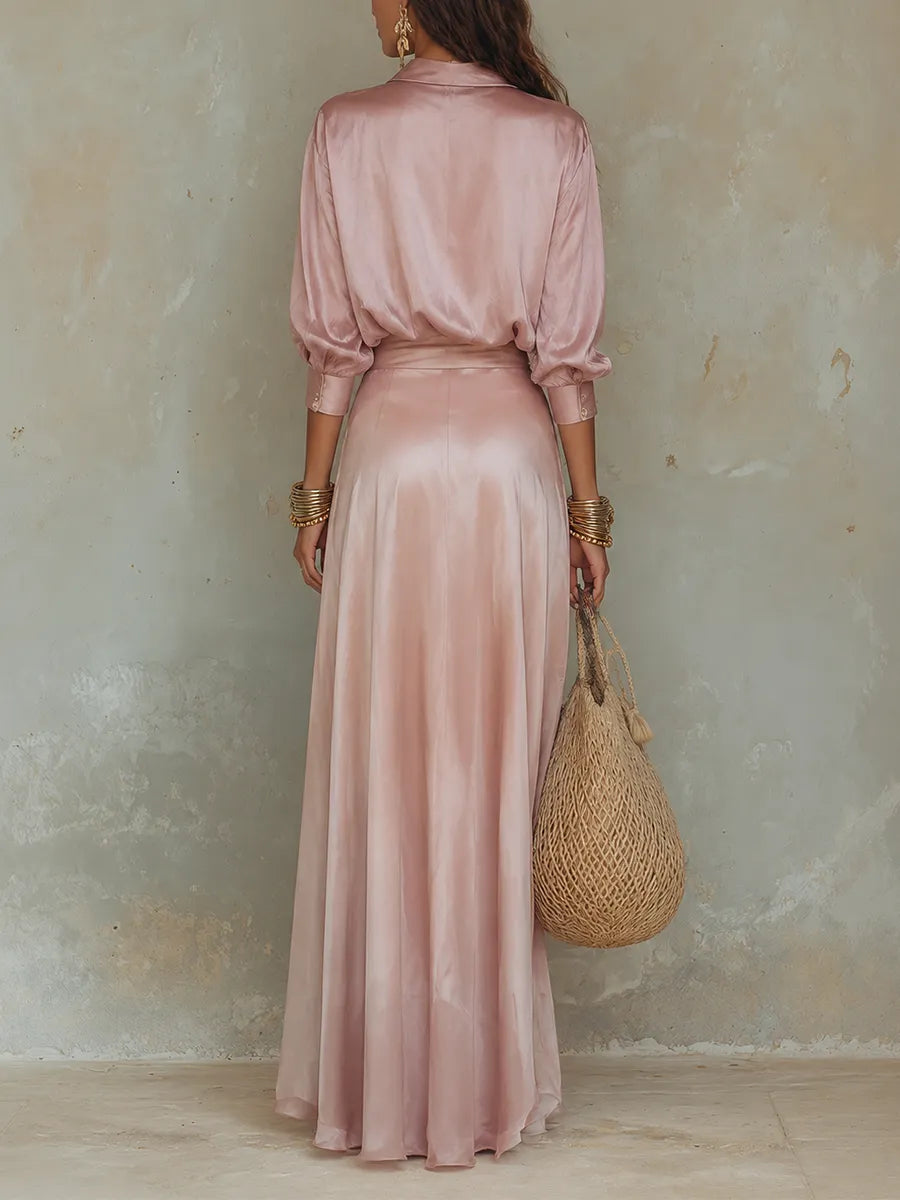 Rose-Lustre Satin Set ¡ª Modern Resort-Style Maxi Dress