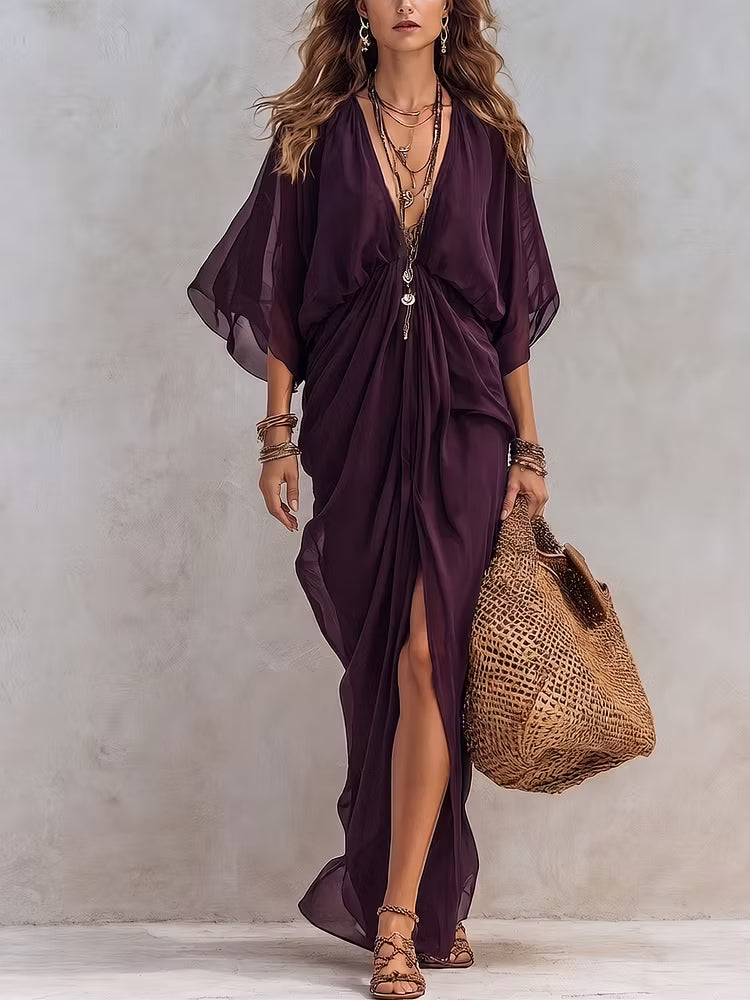 Casual Deep Purple Pleated Chiffon Maxi Dress