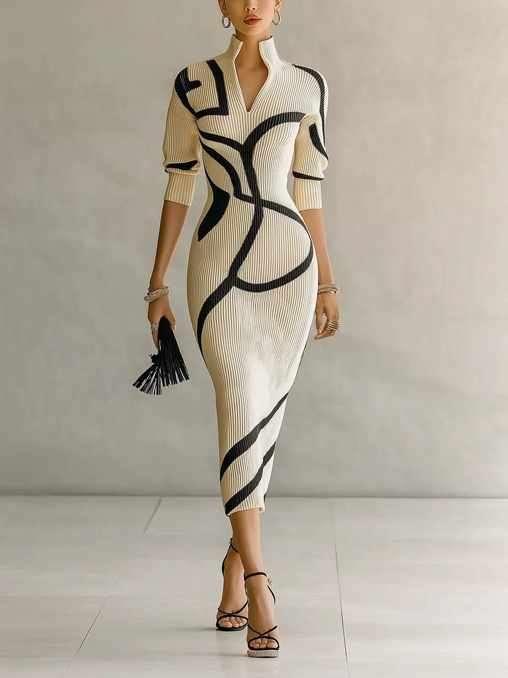 Off-White Ribbed Abstract Print Maxi Dress