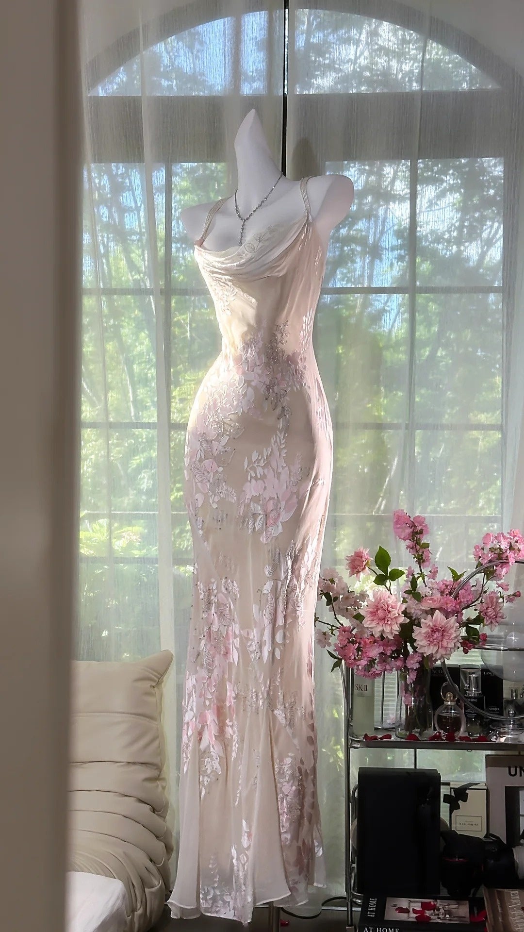 White lit pink floral fashion sexy elegant satin long prom dress evening gown wedding party dress