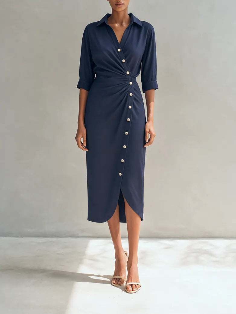 Women's Elegant Navy Blue Collared Half Sleeve Ruched Waist Pearl Button Wrap Midi Shirt Dress MDZ1538G4ZSQ