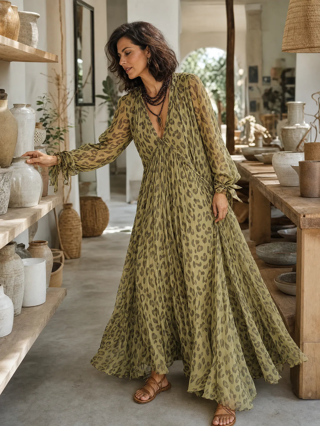 Olive Green Leopard Print Chiffon Long-sleeved Bohemian Dress