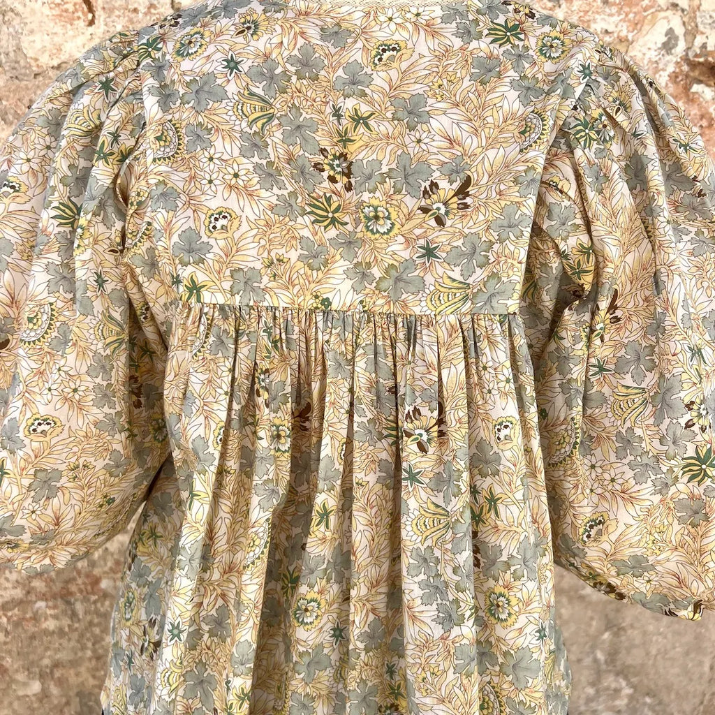 Faune Shiva Blouse – Vintage Floral Cotton Gathered Boho Top with Tassel Tie