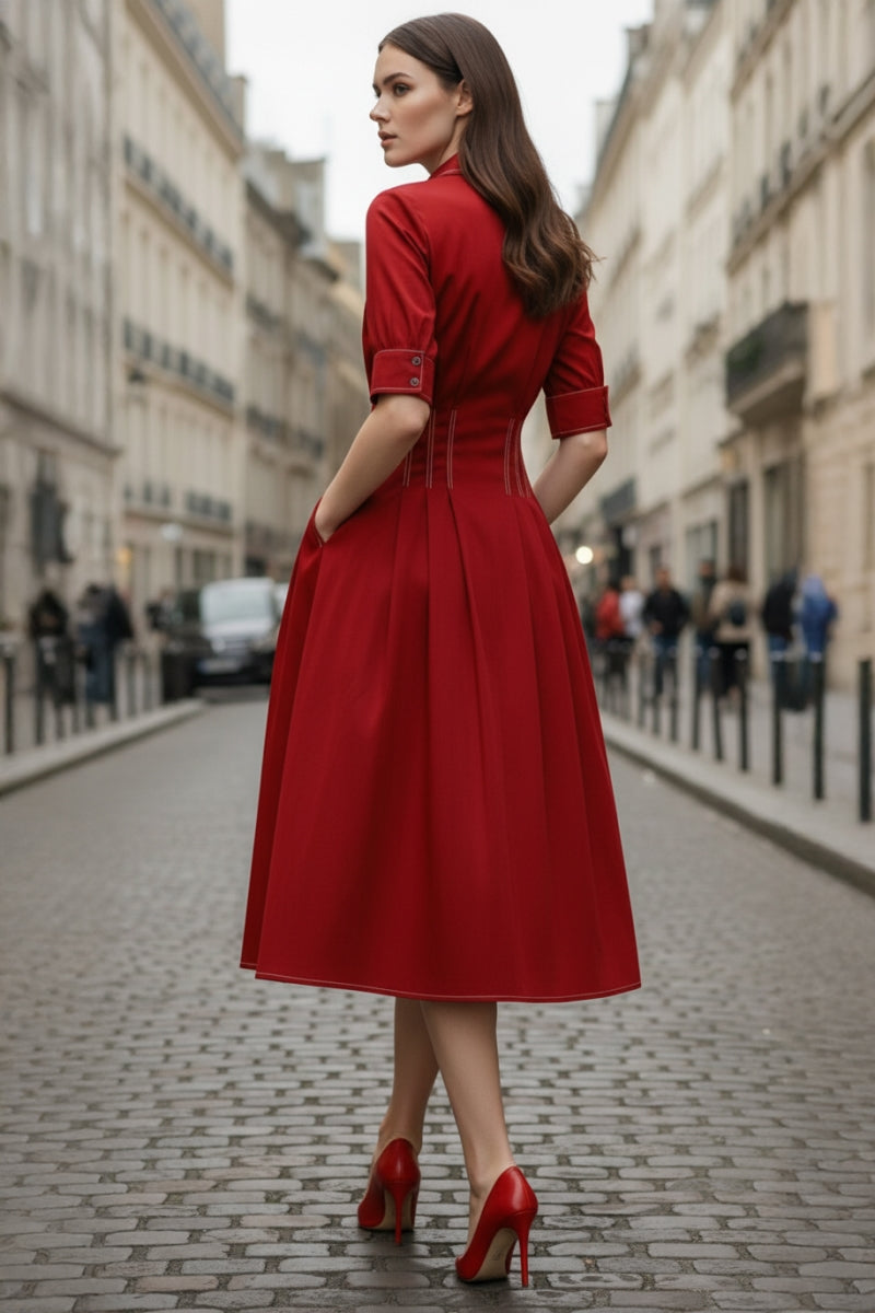 Contrast Stitch Pleated Midi Shirt Dress