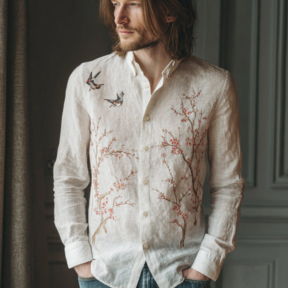 Retro Japanese Cherry Blossom And Magpie Vintage Button-down Shirt