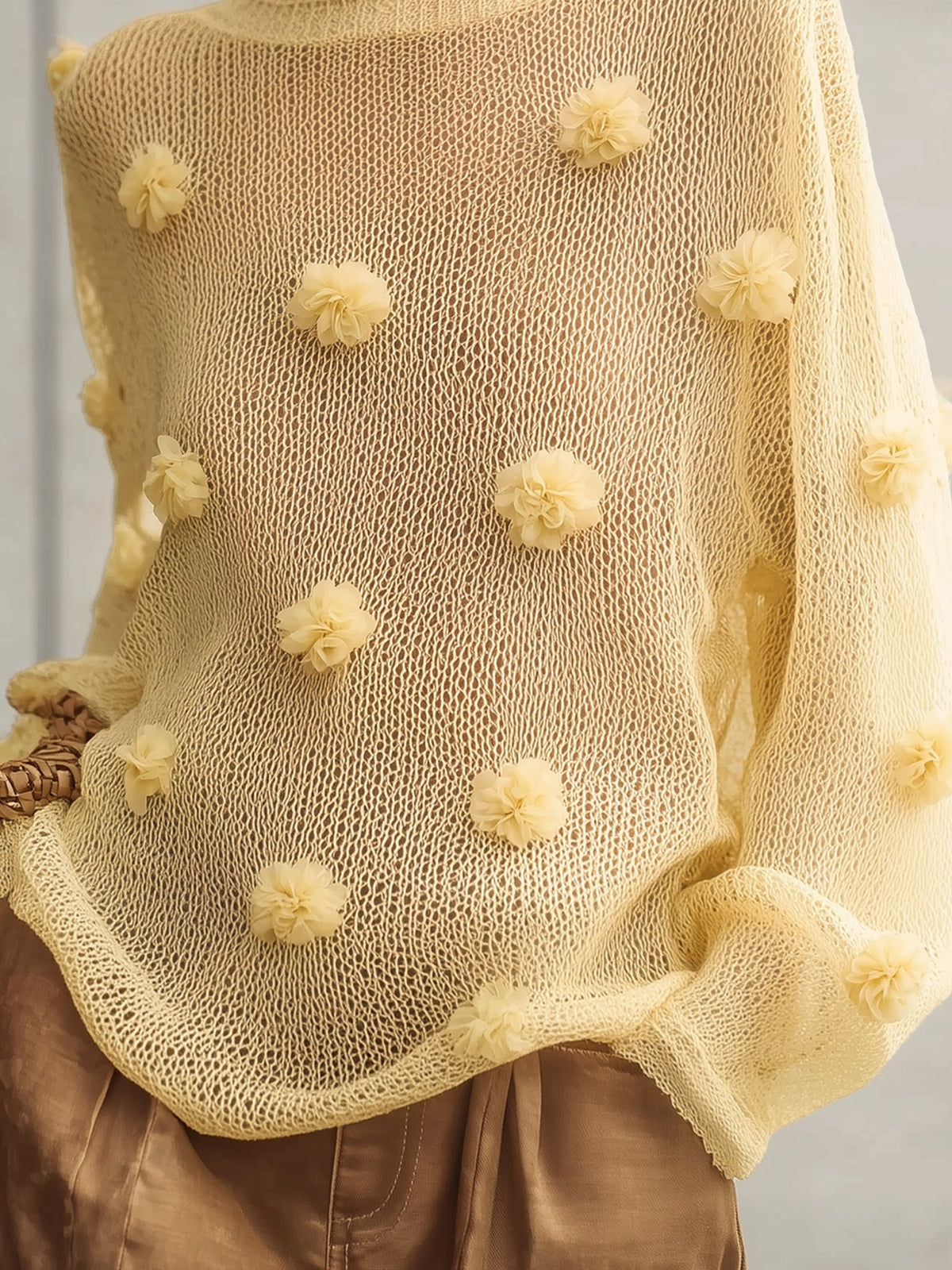 Yellow Lightweight Loose Knit 3D Floral Sweater