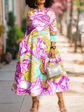 Women's Fashion Flowers Art Print Long-sleeved Dress