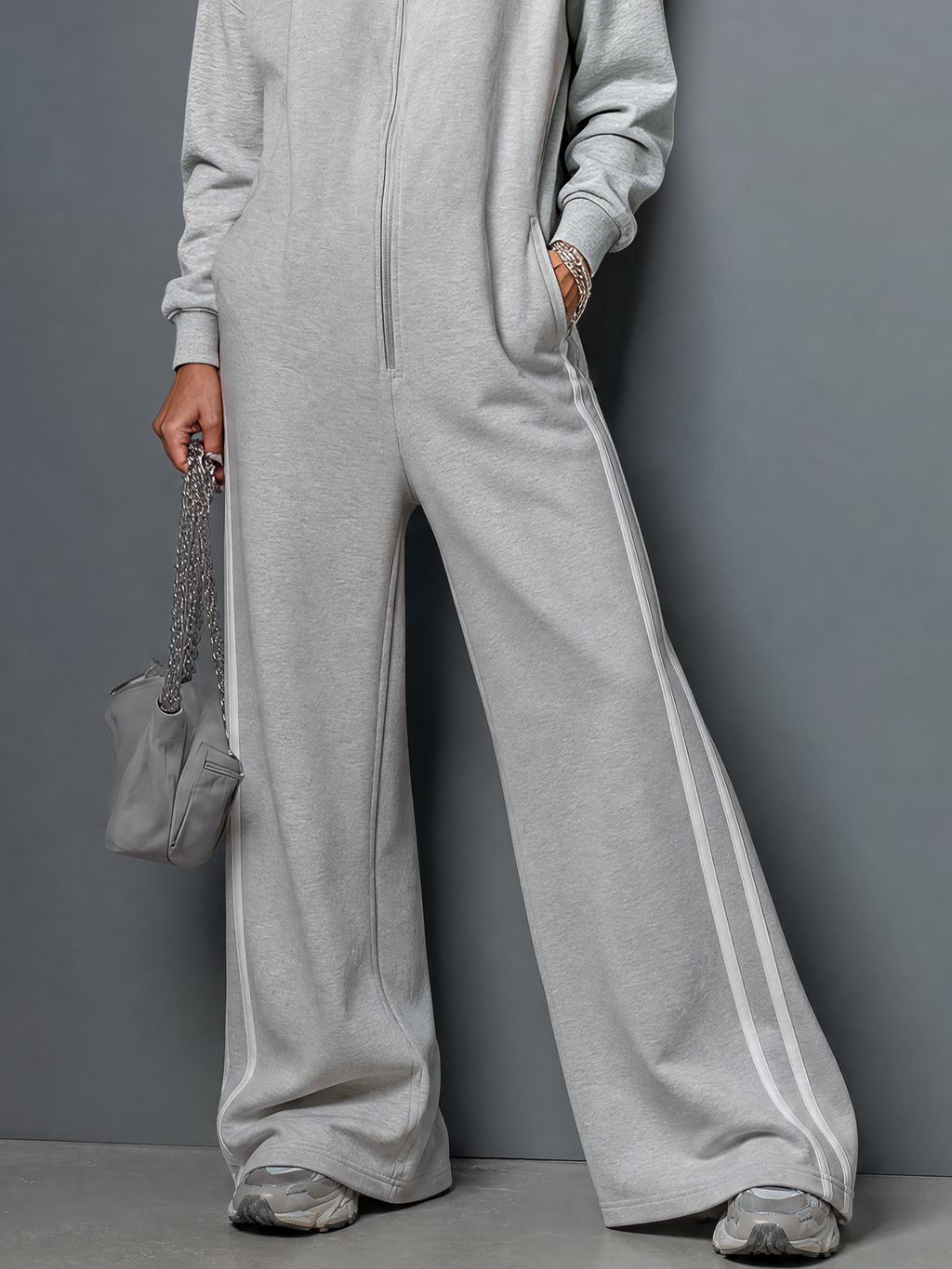 Women's Casual Stretch Knit Long-Sleeve Zip-Front Hooded Wide-Leg Jumpsuit MDZ0922G7WY