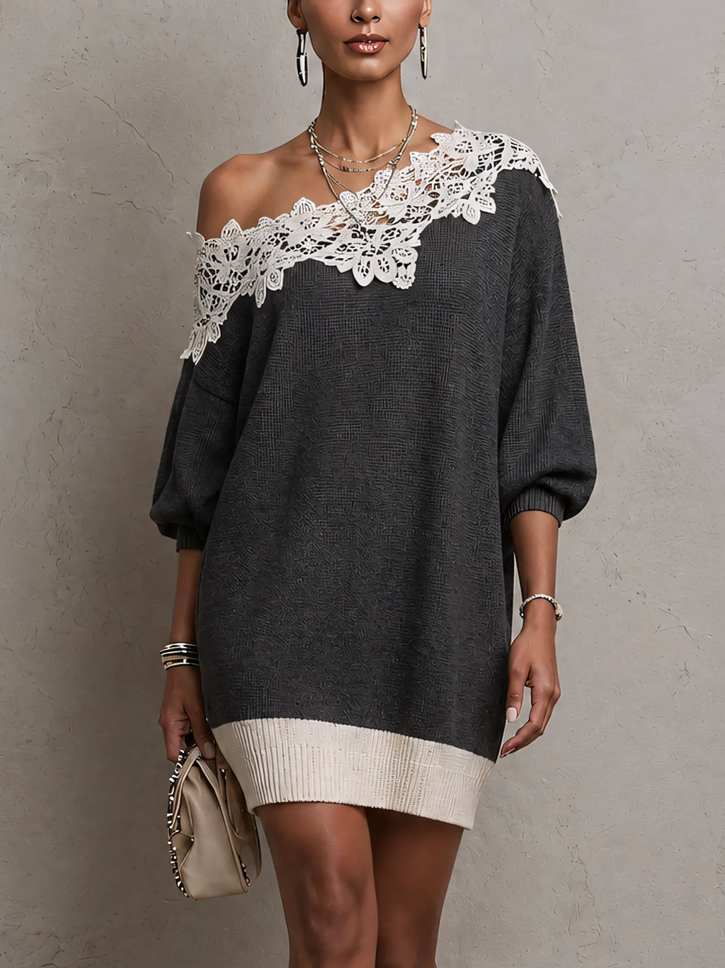 One Shouler Gray Lace Trim Knit Mini Dress