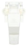 Feather Long Sleeve Off Shoulder Midi Dress White