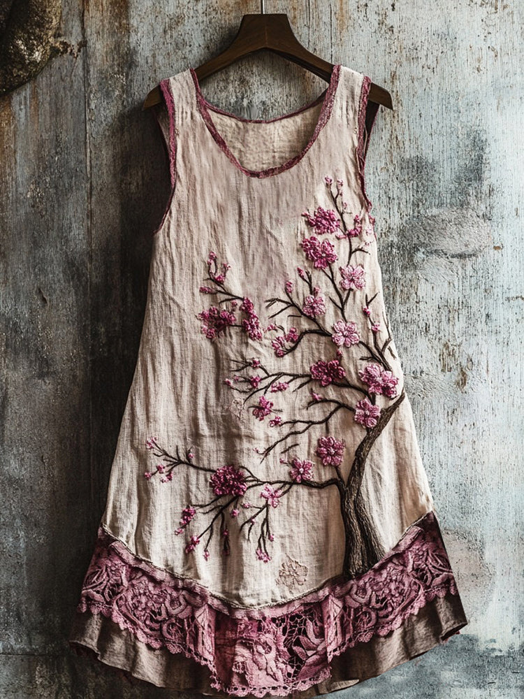 Women's Cherry Blossom Embroidery Art Linen Tank Dress 4902