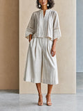 Women's Vacation-Style Cotton-Linen  Patchwork Stand-Collar Cropped Top + High-Waist Wide-Leg Pants MDZ0779G6CMX