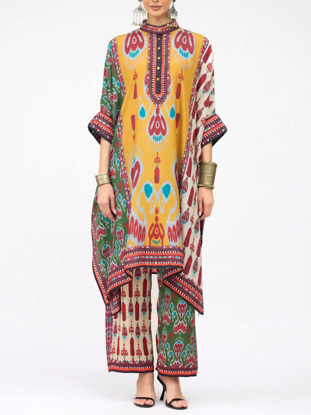 Retro Casual Patchwork Floral Print Loose Midi Shirt