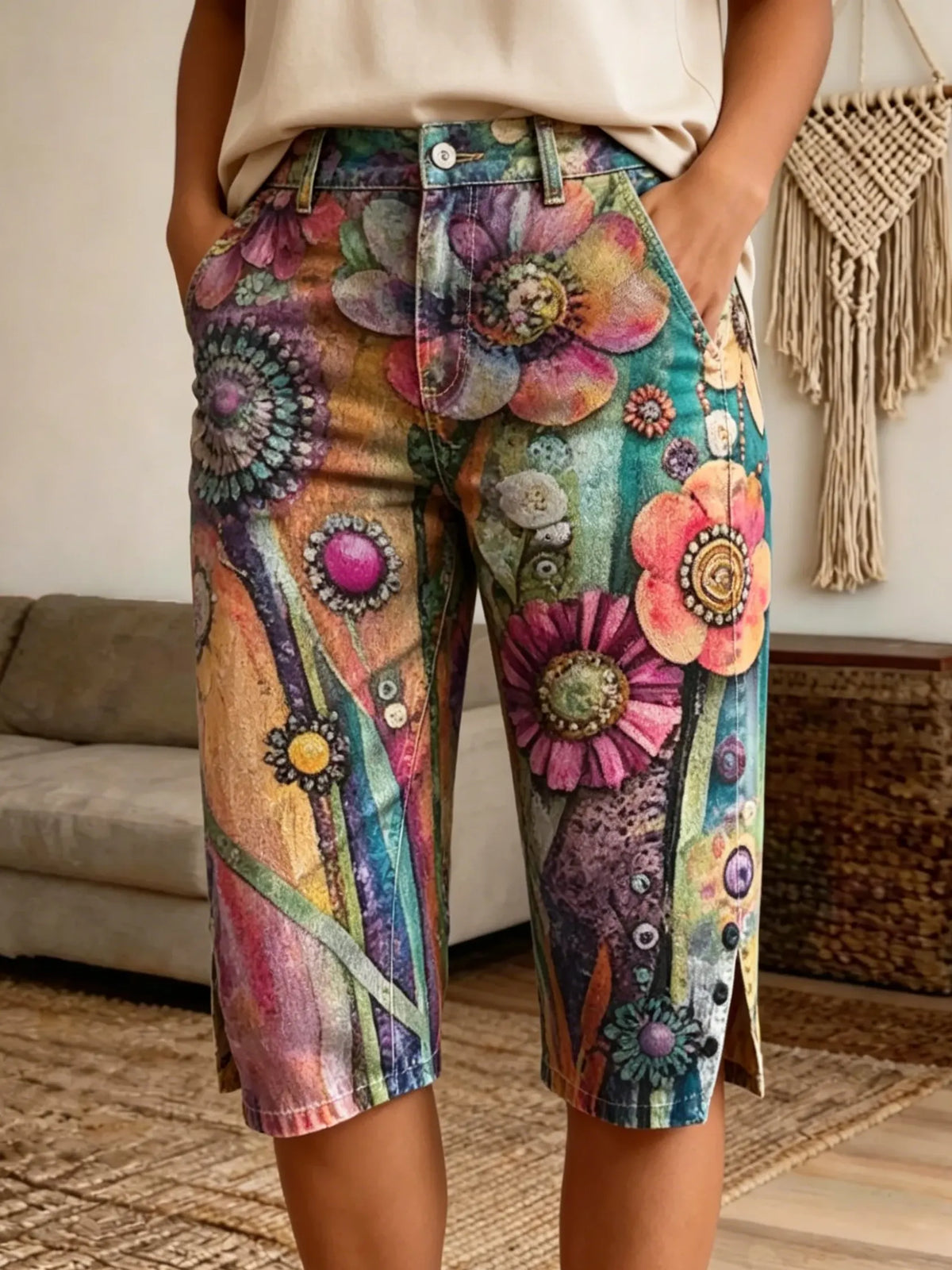 Women's Floral Jewelry Print Denim Bermuda Shorts