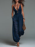 Boho V-Neck Lace-Paneled Chiffon Balloon Jumpsuit