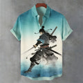 Japanese Samurai Pattern Men's Linen Short Sleeve Shirt