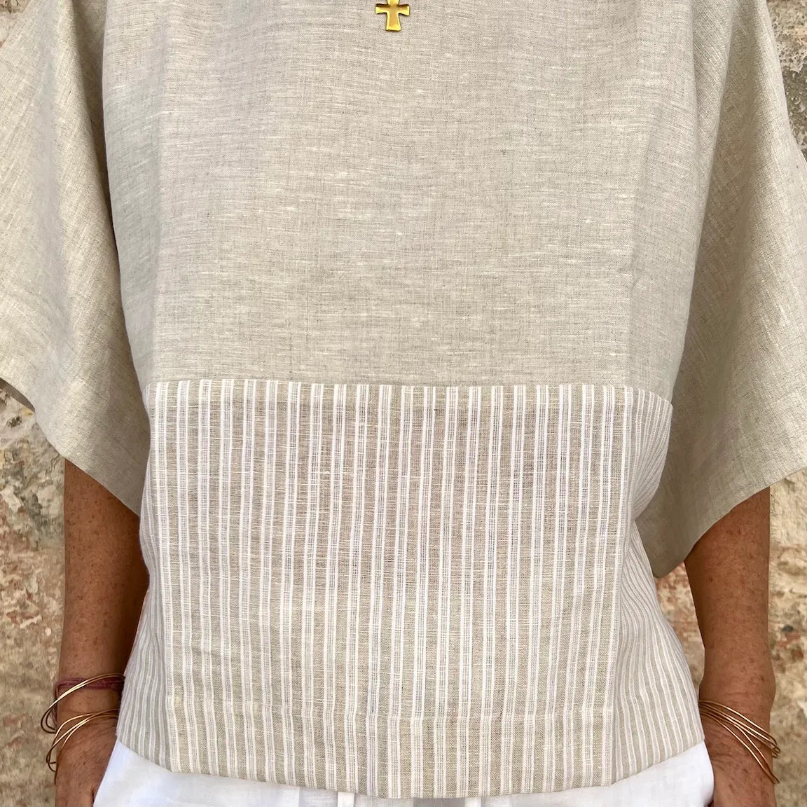 Jill Top New - French Bateau Neck Color-Blocked Striped Linen Blouse | Dadihouse