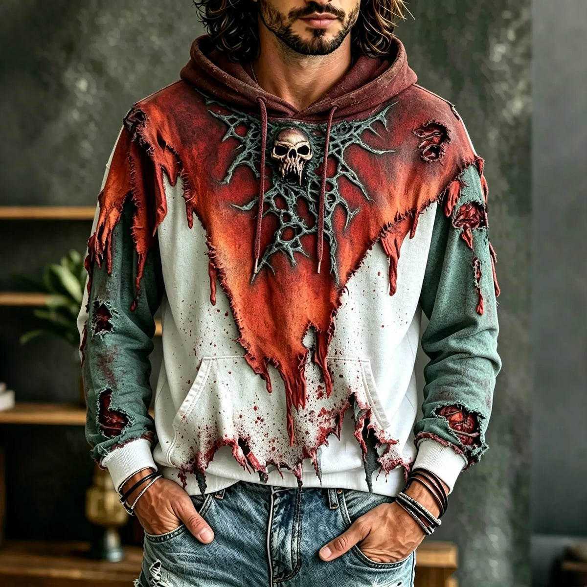 Vintage Gothic 3d Skull Embroidery Gradient Casual Hooded