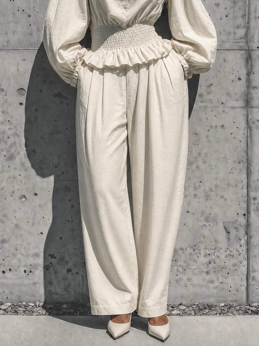 Women's Off White Cotton-linen blend Round Neck Half Button Balloon Sleeve Smocked Ruffle Waist Pleated Wide Leg Pant Two Piece Set MDZ1761G3YZJ