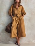Women's Casual Khaki Woven Long-sleeve Cropped Jumpsuit MDZ0967G1LXY