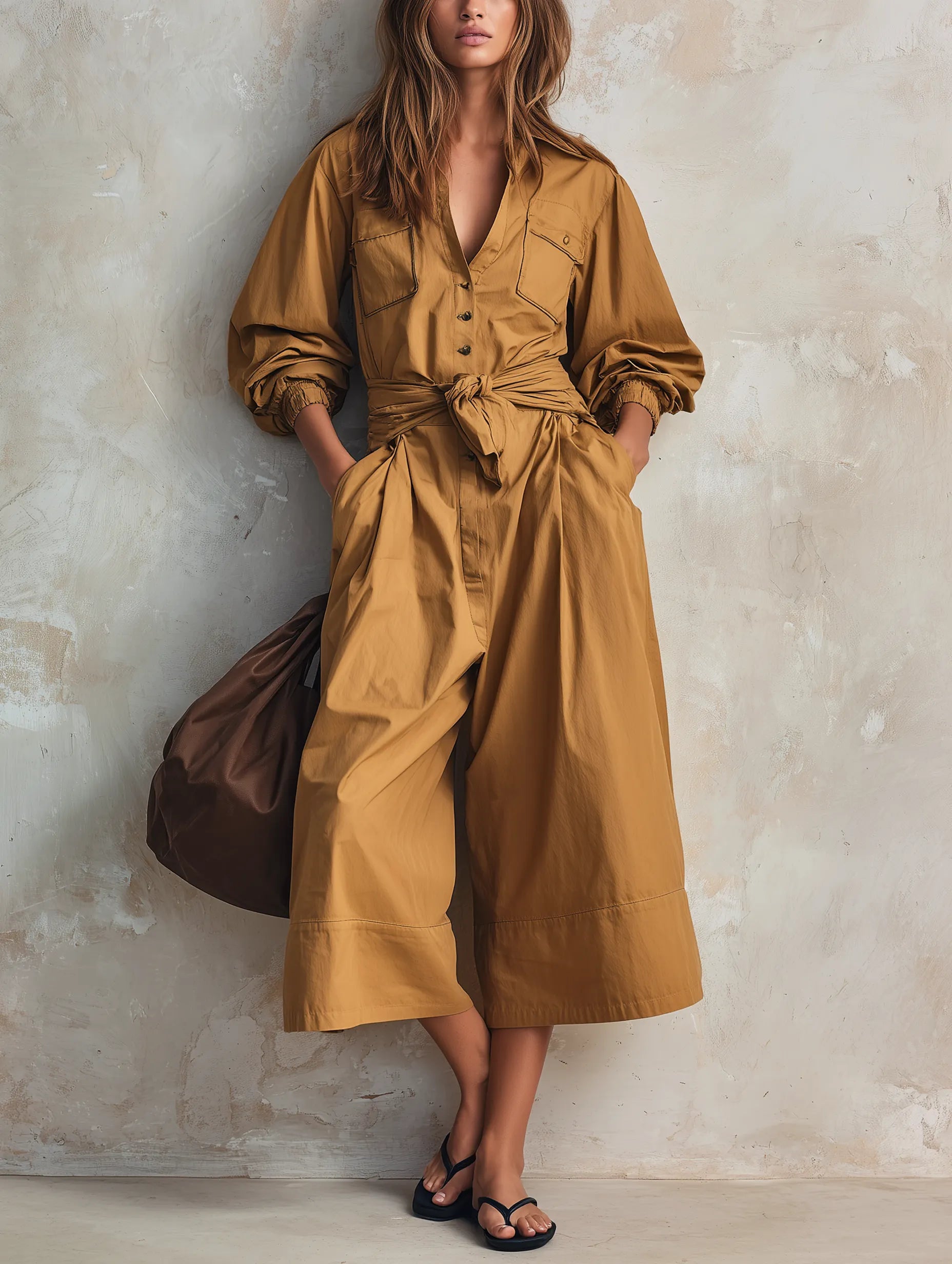 Women's Casual Khaki Woven Long-sleeve Cropped Jumpsuit MDZ0967G1LXY