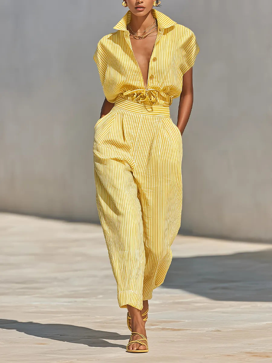 Women's Lemon Vertical Stripe Textured Co-Ord With Front Button Blouse & Side Pocket Tapered Trousers, Effortless-Chic Beach Casual Outfit MDZ2203F4LYL