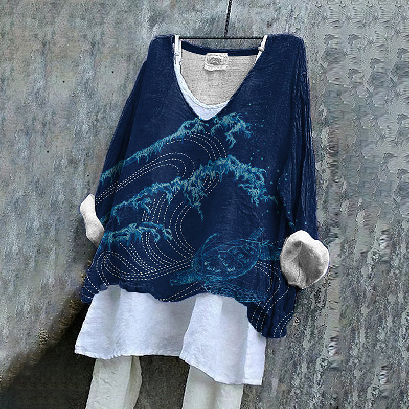 Turtle And Ocean Art Linen V-neck Shirt
