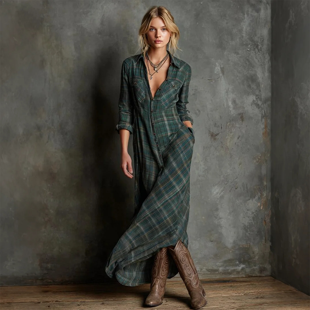 Women's Vintage Plaid Maxi Dress