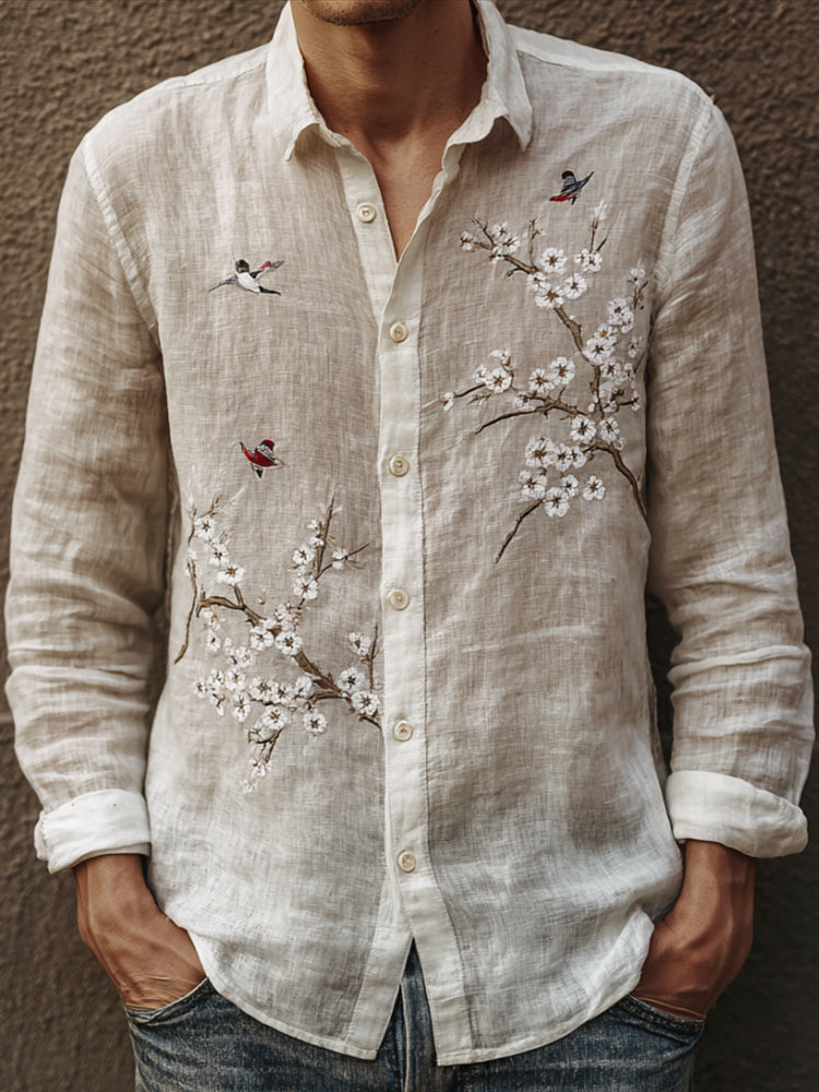 Men's Japanese Cherry Blossom And Little Bird Vintage White Button-down Shirt