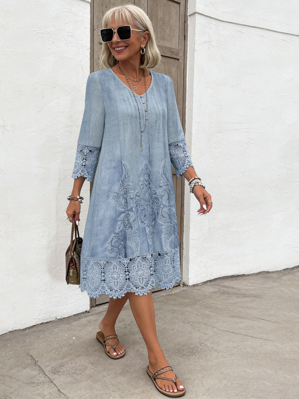 V-neck A-shaped Skirt Solid Color Lace Dress  Five-quarter Sleeve