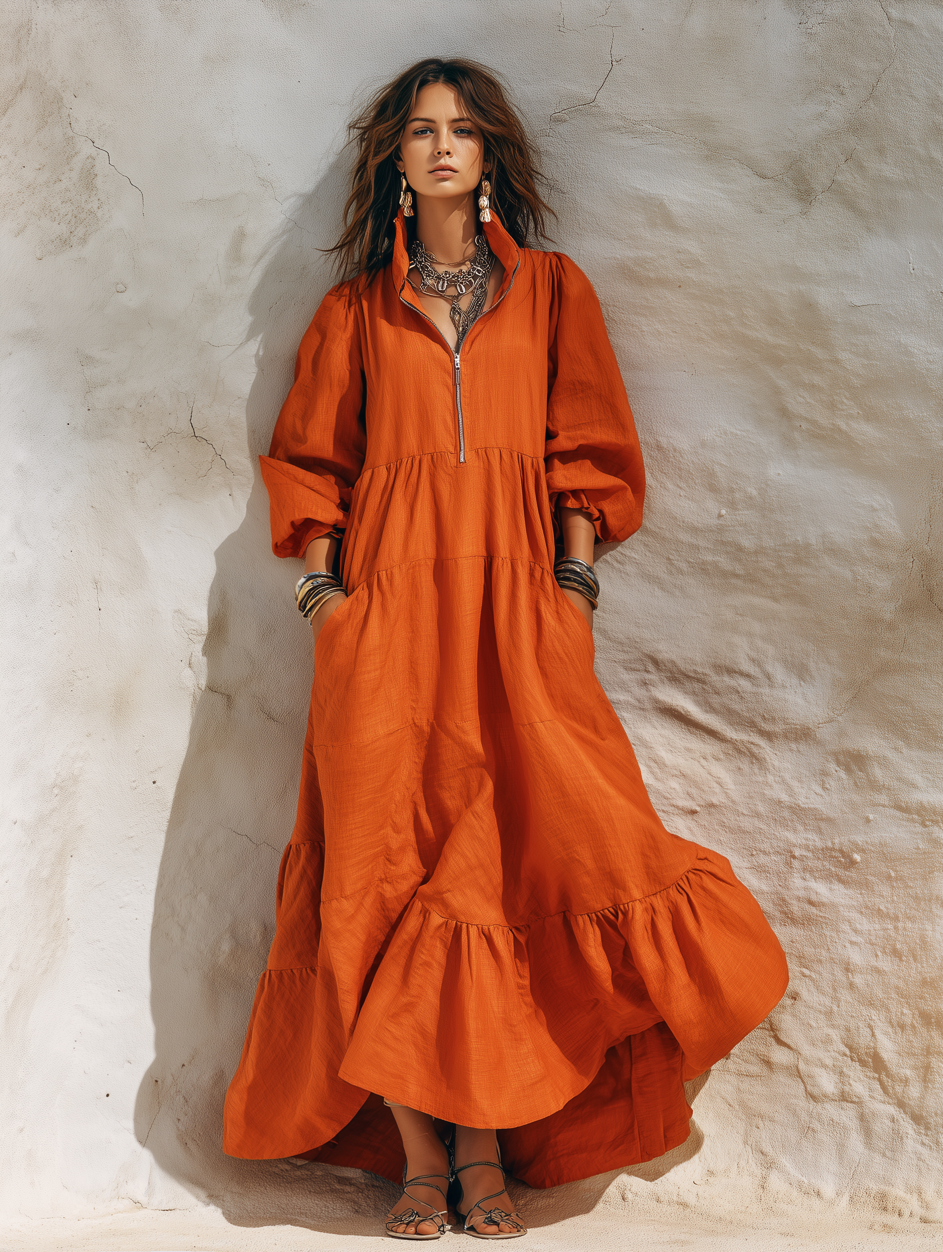 Women's Casual Orange Cotton-Linen Maxi Dress With Half-Zip Collar And Three-Quarter Sleeves MDZ2433G0LXY