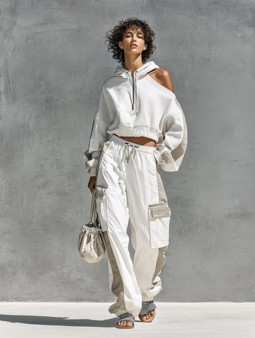 Women's Two Tone Patchwork Asymmetrical Cold Shoulder Hooded Sweatshirt Multi Pocket Cargo Pants Tracksuit Set MDZ0802G2YZJ