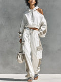 Women's Two Tone Patchwork Asymmetrical Cold Shoulder Hooded Sweatshirt Multi Pocket Cargo Pants Tracksuit Set MDZ0802G2YZJ