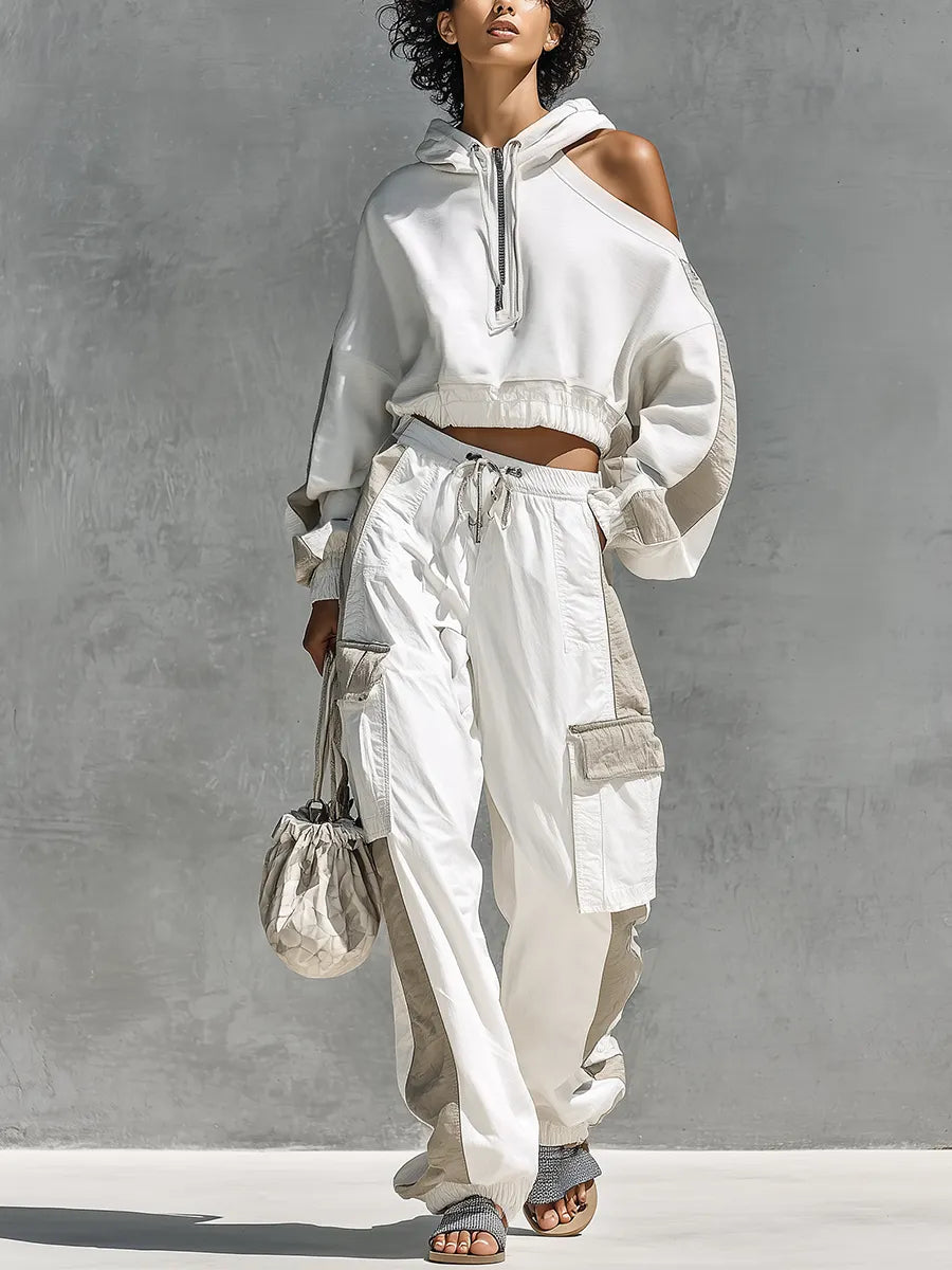 Women's Two Tone Patchwork Asymmetrical Cold Shoulder Hooded Sweatshirt Multi Pocket Cargo Pants Tracksuit Set MDZ0802G2YZJ