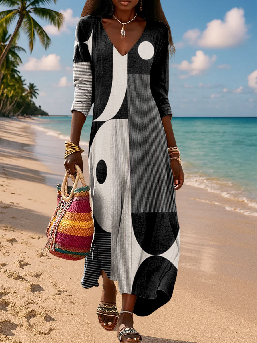 Women's Vintage Abstract Geometric Art Print V-neck Pocket Cotton Dress