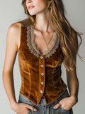 Caramel Velvet Embroidered Lace Trim Vest
