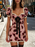 Pink Floral Mini Dress with Lace Trim