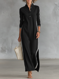 Women's Minimalist White-trimmed Button-down Collar Sweatshirt Dress Maxi Dress MDA0958L0Y