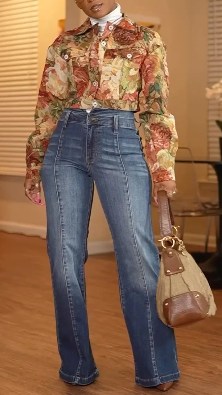 Women Collar Printed Top+ Jeans Casual Suit