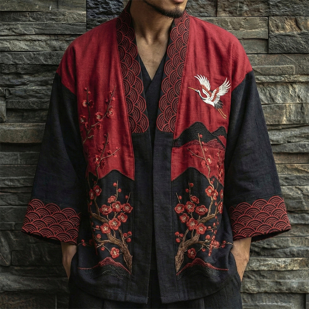 Men's Japanese Cherry Blossom And Crane Art Pattern Linen Blend Kimono Cardigan