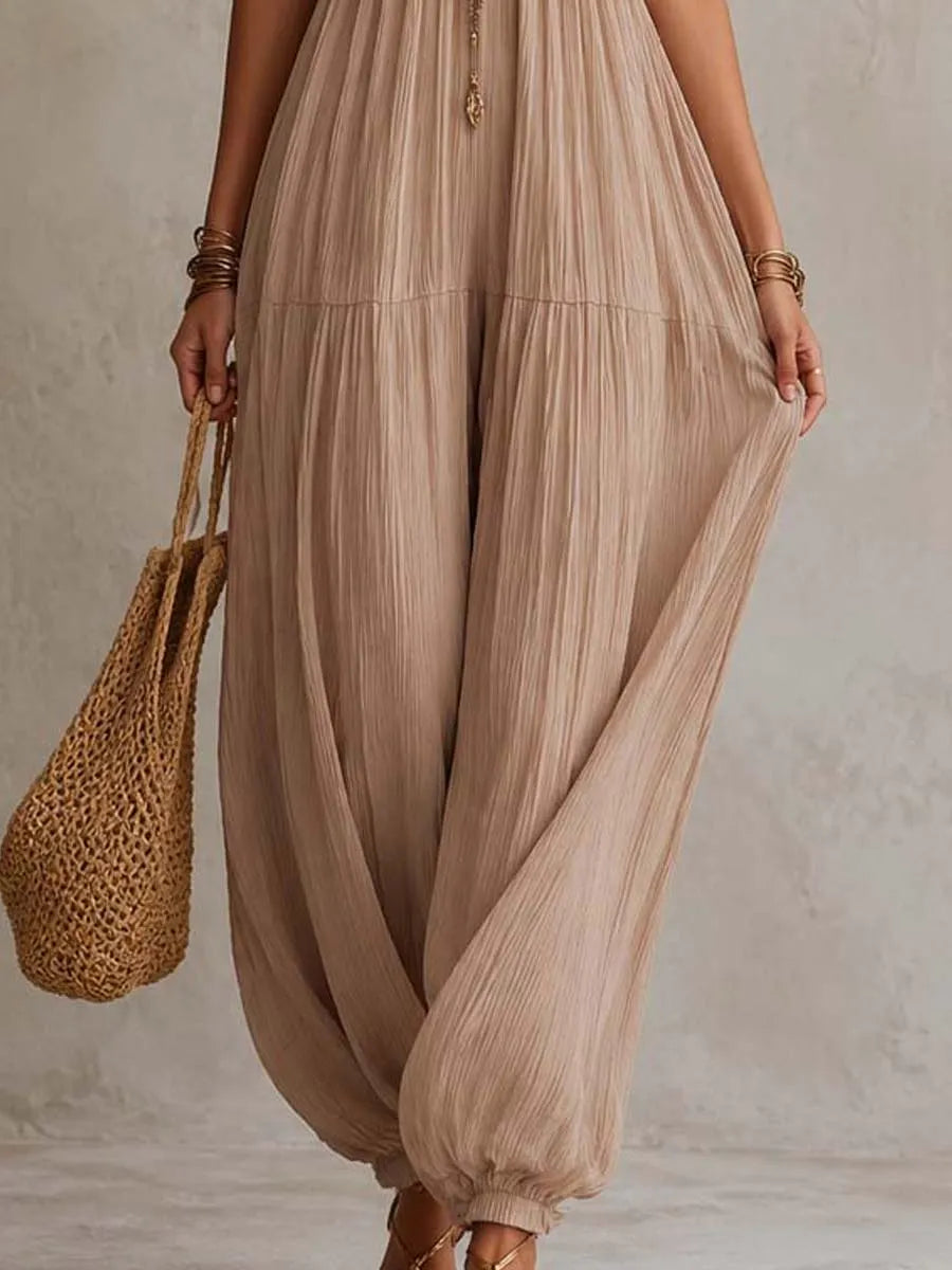 Vintage Boho Crinkle Fabric Spaghetti Strap Empire Waist Harem Jumpsuit