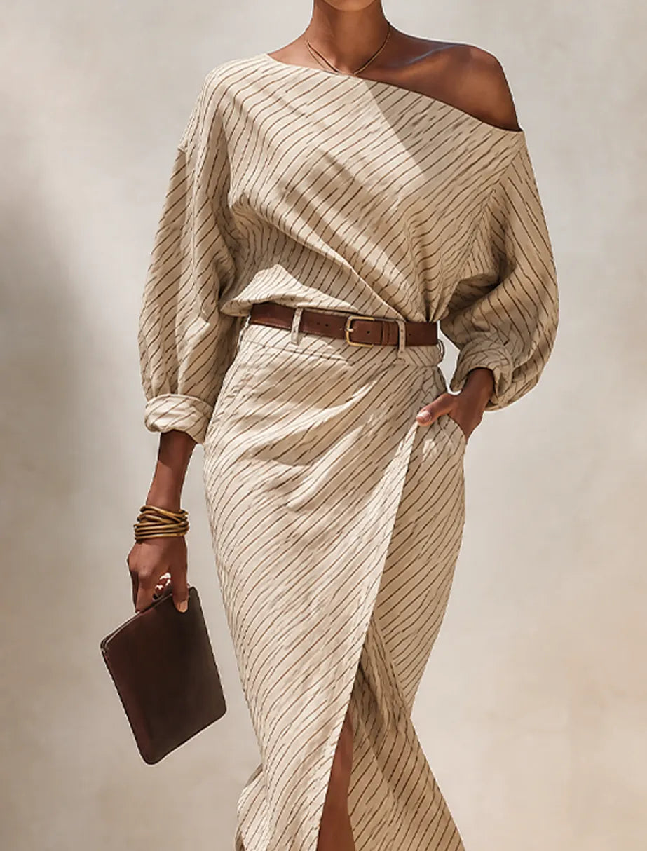 Women's Minimalist Beige Diagonal-Stripe Linen Off-Shoulder Midi Dress (Belt Not Included) MDZ0787G3ZRK