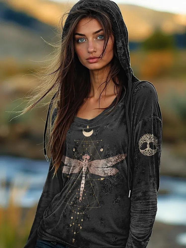Women's Tribal Dragonfly Moon Totem Print Hoodie