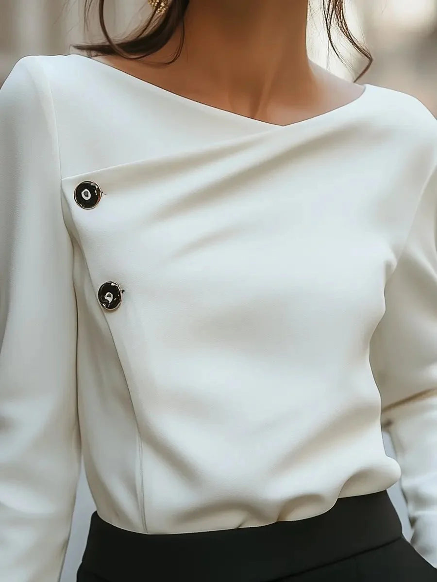 Business Casual White Wrap Neck Long Sleeve Button Elegant Blouses