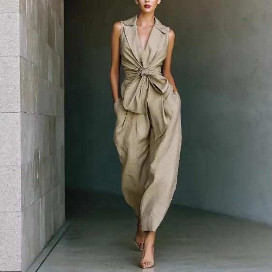 Momocco Elegant Knot-Waist Sleeveless Jumpsuit - Tailored V-Neck Wide Leg One-Piece