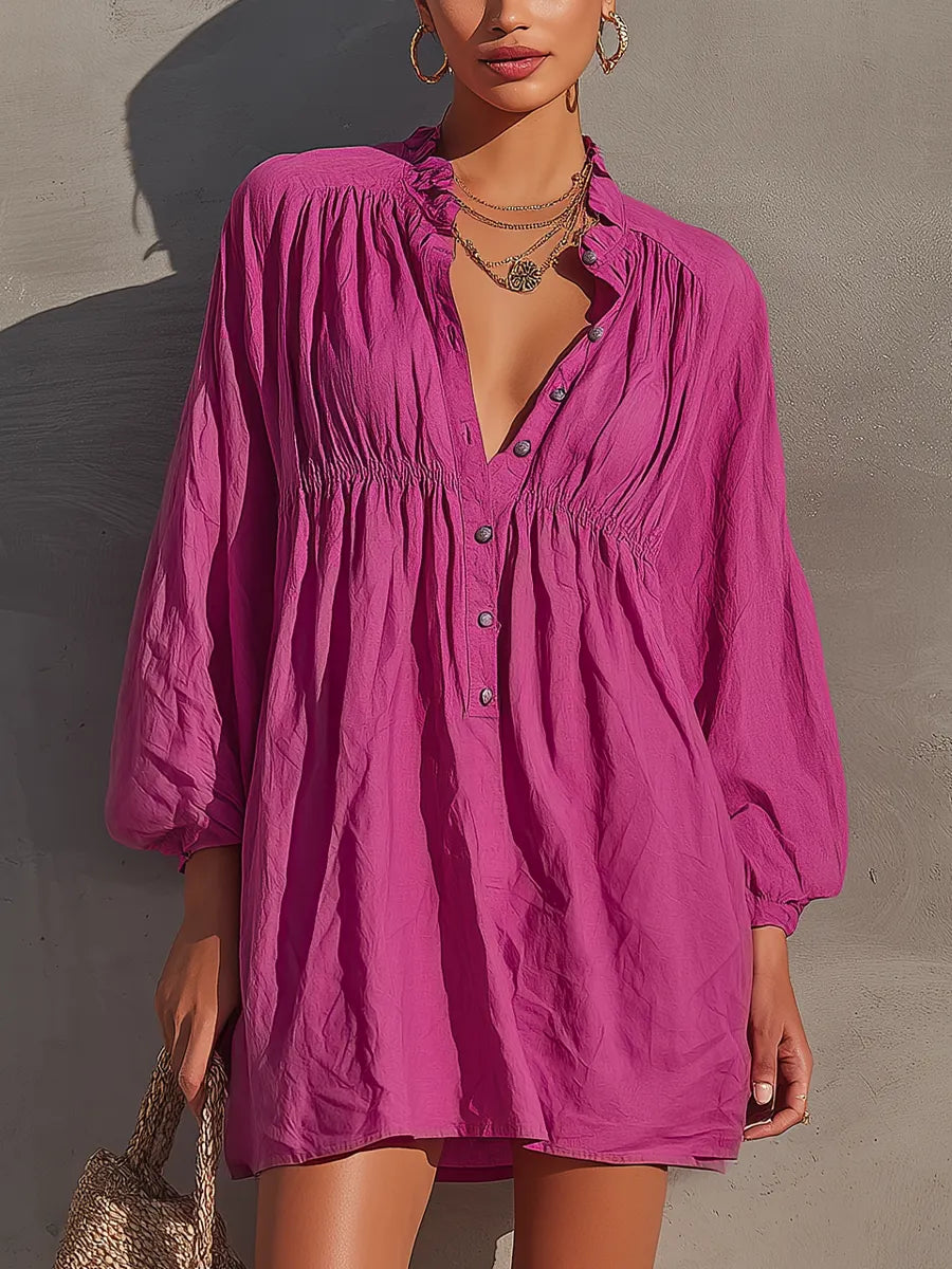 Women’s Fuchsia Cotton-linen Blend Ruffle Collar Half Button Bubble Long Sleeve Gathered Waist Loose Mini Shirt Dress MDZ0728G5YZJ