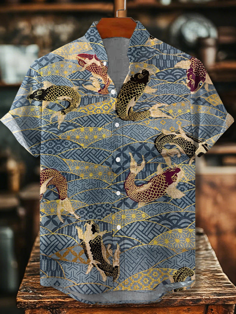 Japanese Art Koi With Waves Pattern Art Print Casual Shirt