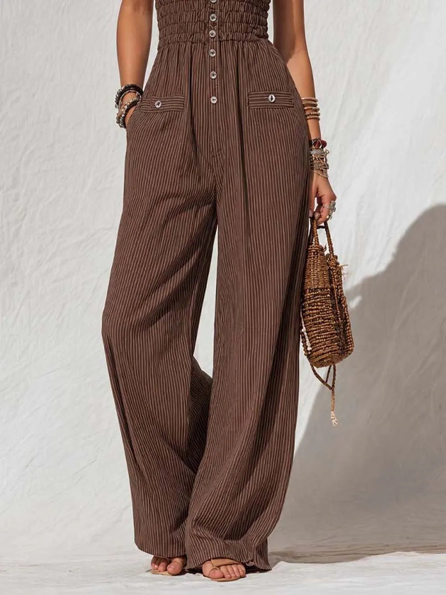 Chocolate Brown Pinstripe Cotton Lace-Trimmed Halter Wide-Leg Jumpsuit